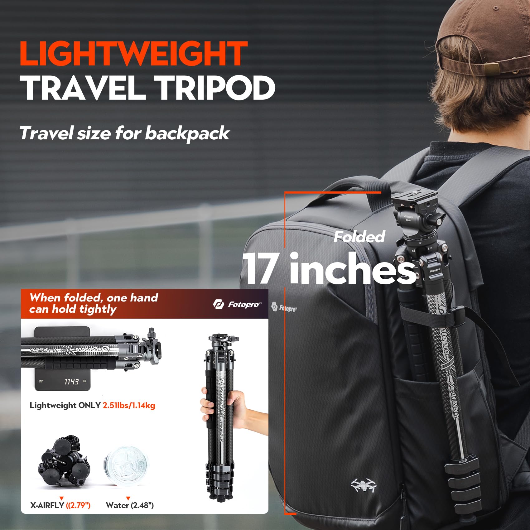 Fotopro X-AIRFLY 160 cm Trípode Carbono – Tubos 25 mm, Rótula 30 mm, Carga 5 kg, Cierre Metálico, Monopié, Soporte Móvil, Trípode Viaje, Gris