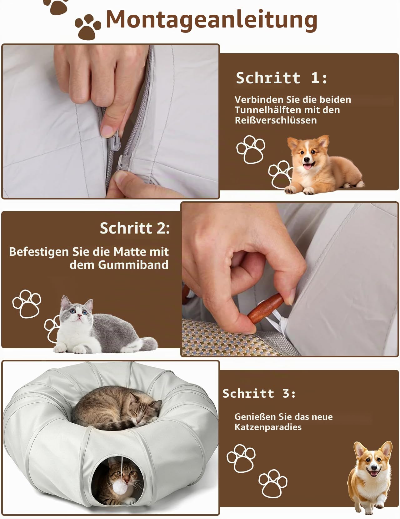 Katzentunnel, Katzenspielzeug für Wohnungskatzen, multifunktionaler Rascheltunnel & Katzenhöhle, interaktives Spielzeug mit kühlendem Stoffdesign für Kätzchen (Cool Gray)