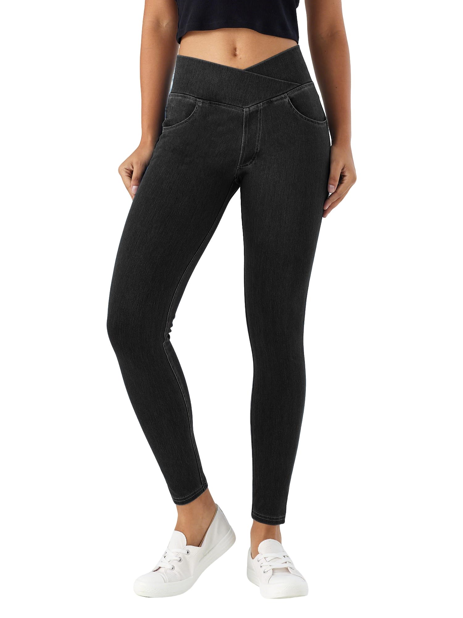 LaiEr V Crossover Skinny Jeans Donna Vita Alta Controllo Pancia Leggings Fitness Casual, Elasticità Morbida Stampa Denim Finto Casual con Tasche Laterali.