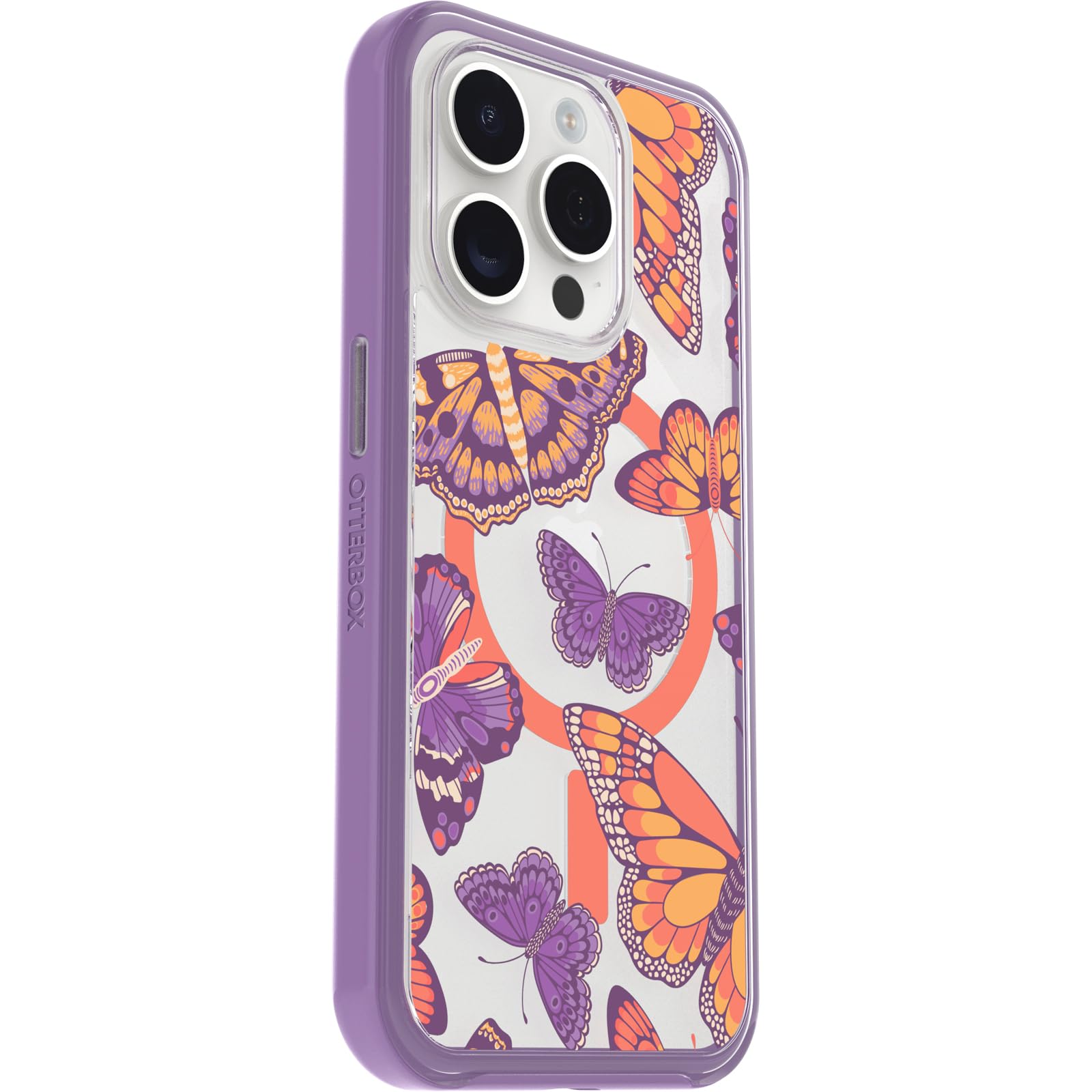 OtterBox Cover per Apple iPhone 15 Pro Symmetry Clear MagSafe, resistente a shock e cadute fino; sottile, testata 3x norme MIL-STD 810G, Butterfly Flutter