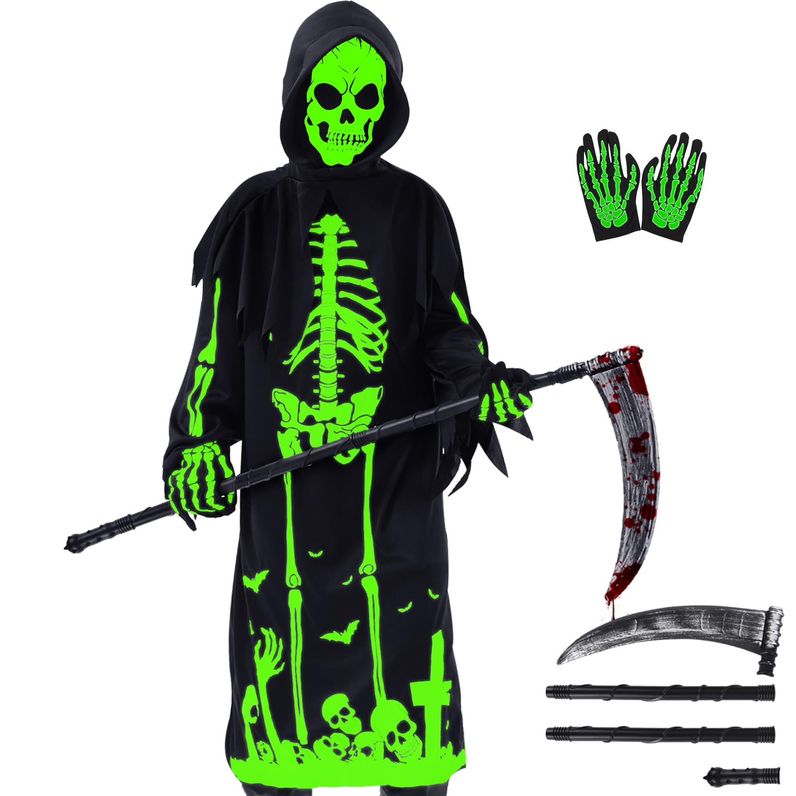 FORMIZONReaper Costume for Children, Glow in the Dark Skeleton Costume, Glow in the Dark Reaper Costume with Mask, Sickle and Mitt, Halloween Children Costume for Cosplay Party (S)
