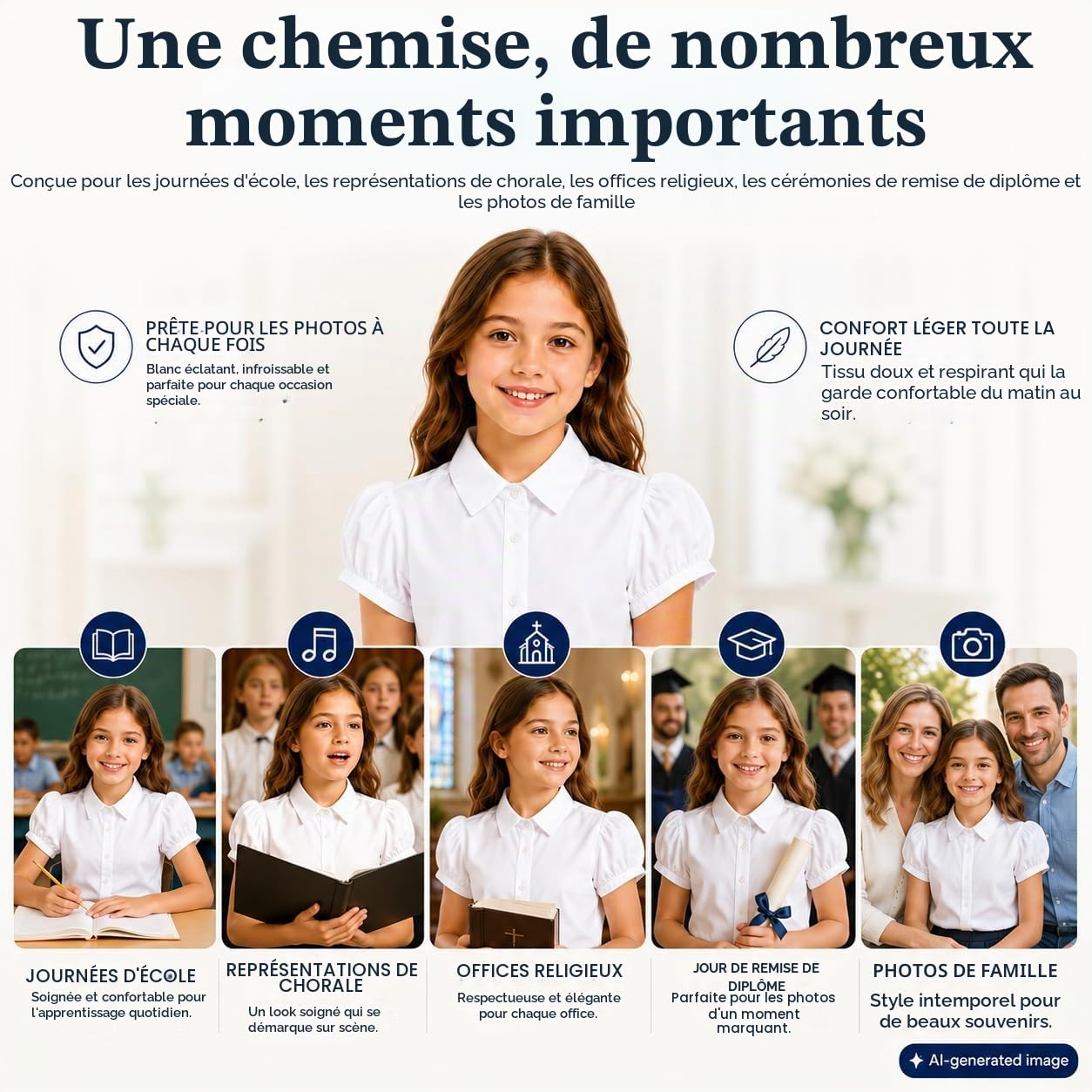 Bienzoe Fille Uniformes Scolaires Oxford Manche Courtes Chemisier