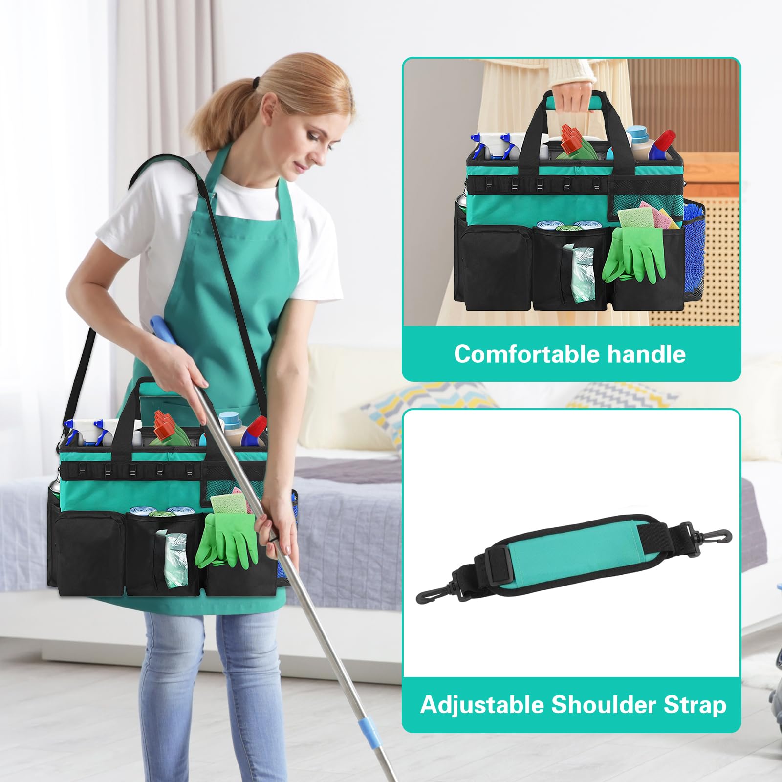 Reinigungs Organizer Tasche, 39*24*27 cm Reinigungs Caddy Organisator mit Griff und Verstellbarem Schultergurt Tragbare Reinigungstasche, Mehreren Taschen für Zuhause Auto Einkaufen Küche (Hellblau)