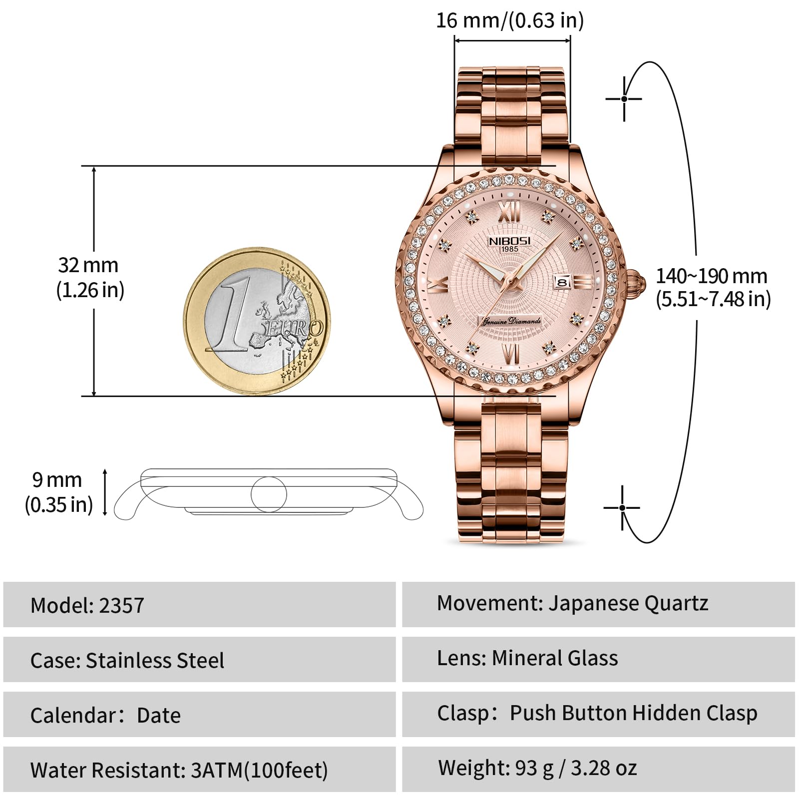NIBOSI Montre analogique à Quartz pour Femme Cadran Or Rose Montre de Luxe étanche avec Diamant en Acier Inoxydable Date Automatique