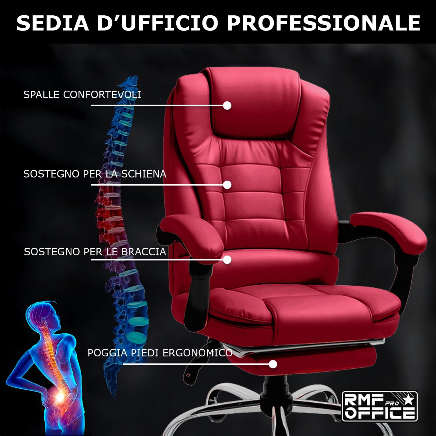 RMF Profesjonalne ergonomiczne krzesło biurowe, krzesło biurkowe, wygodne i relaksujące siedzisko z podnóżkiem, fotel relaksacyjny z obrotowymi kółkami, czerwona regulacja wysokości