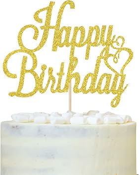 Happy Birthday Cake Topper Gold Glitter Happy Birthday Cake Pick for Celebrating Birth day Anniversary Party Decorations Supplies for Women Men Boys Girls Kids