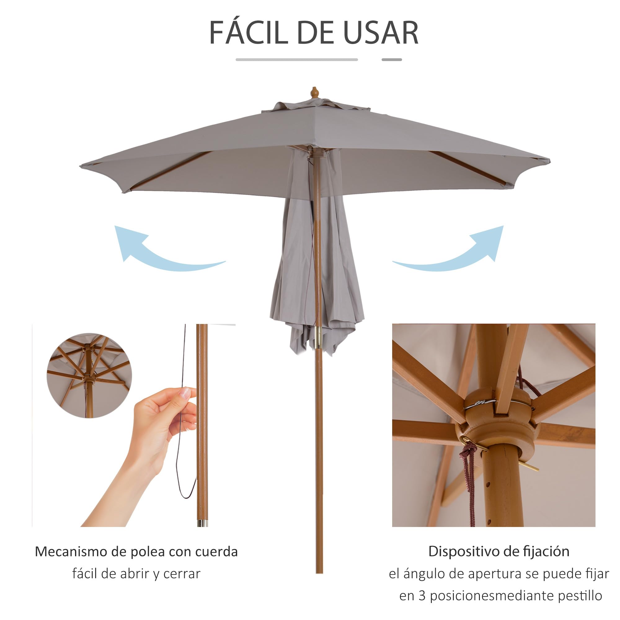 Outsunny Sombrilla de Jardín Ø250x230 cm Parasol de Terraza Gris | 6 Varillas, Poste Desmontable, Anti-UV, Impermeable, Marco de Madera, para Playa, Patio