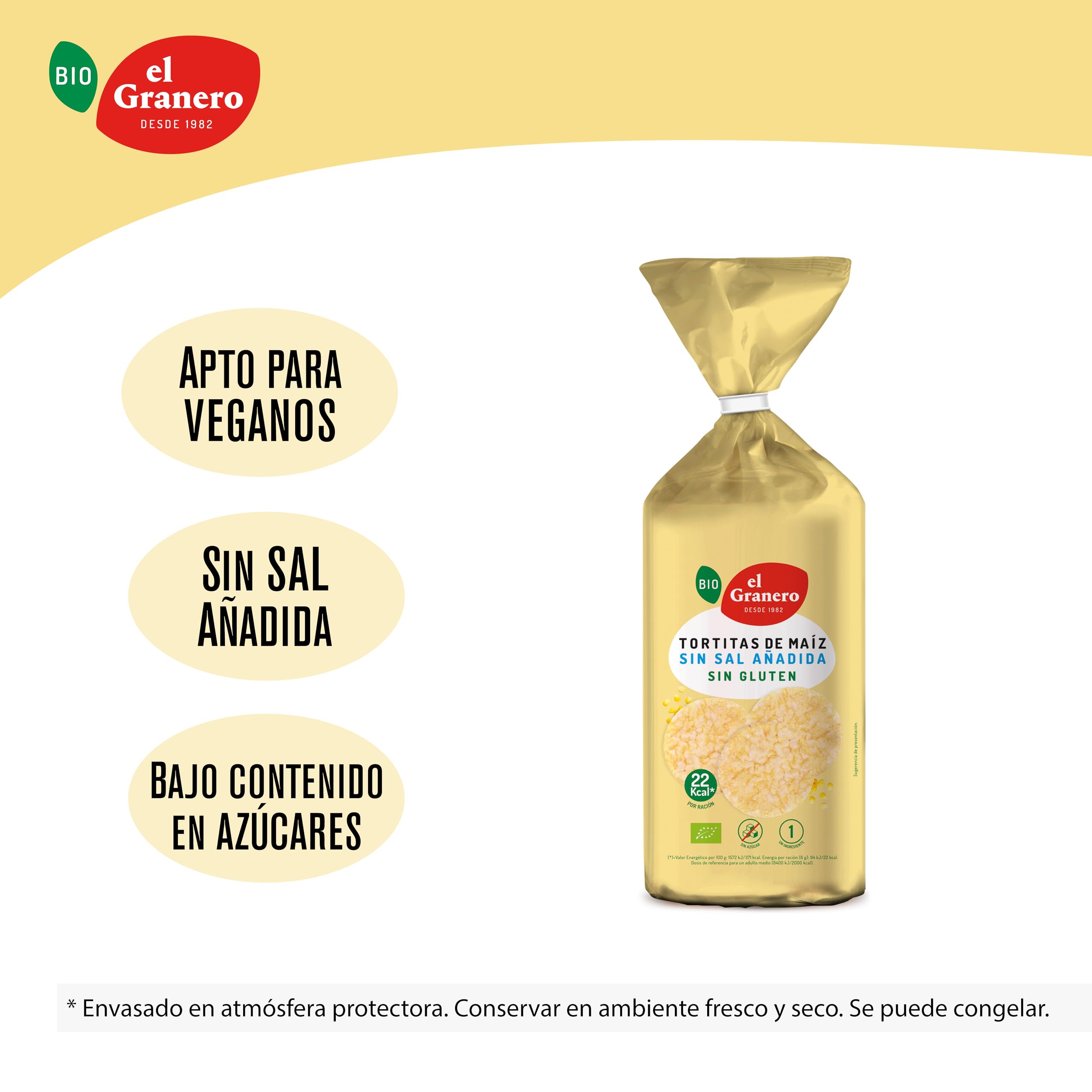 El Granero Integral - Pack de 12 Unidades de 110 g de Tortitas Ecológicas de Maíz Sin sal añadida - 110 g - Sin Azúcar Añadido y Sin Gluten - Aptas para Veganos - Alto Contenido en Hidratos de Carbono