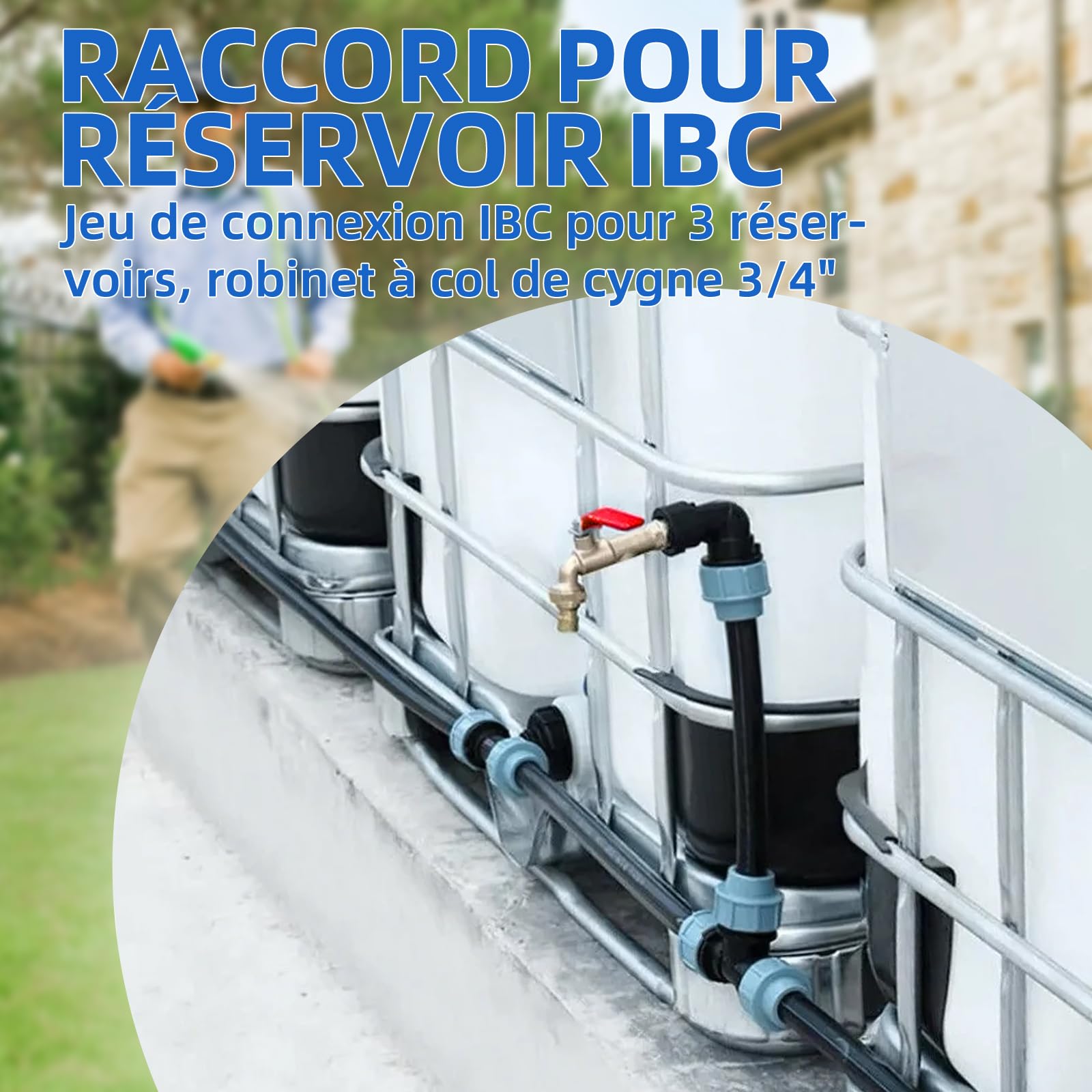 Kit de raccordement IBC pour 3 réservoirs IBC ou citernes d'eau de pluie, avec robinet col de cygne 3/4", sortie avec raccord de tuyau, idéal pour l'arrosage du jardin