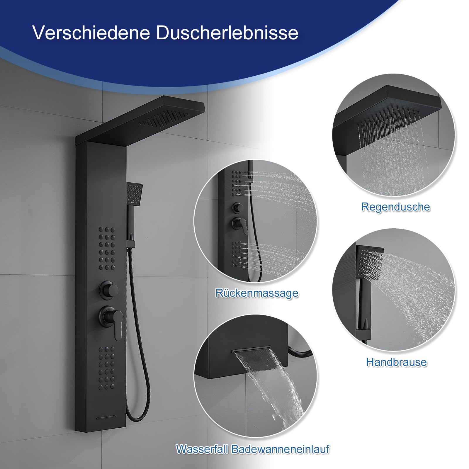 Pannello doccia con rubinetto, colonna doccia 4 in 1, in acciaio inox, nero opaco