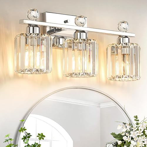 Luminaria de cristal para baño sobre el espejo, 3 luces cromadas de níquel cepillado, moderna lámpara de pared de baño para dormitorio, sala de estar