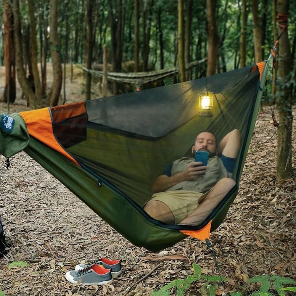 Hamac avec Moustiquaire Portable, Hamac avec Moustiquaire à Ouverture, Anti-Roulis, Balançoire de Camping pour Voyage, Randonnée, Jardin, Cour, Sommeil.