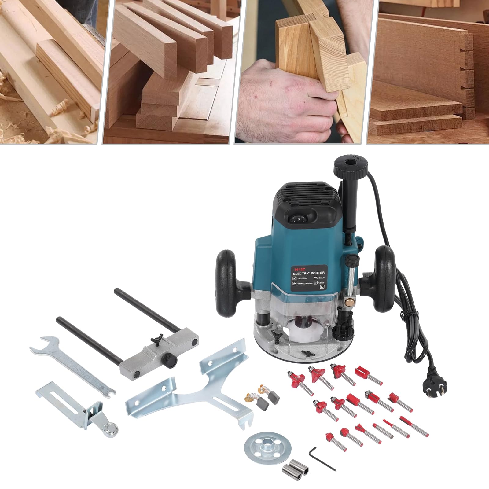 2200W Oberfräse, 6-Gang Elektrische Kantenfräse mit 15 Fräsern, Variable Geschwindigkeit Holzfräse für Holz & Kunststoff, Präzise Tiefeneinstellung