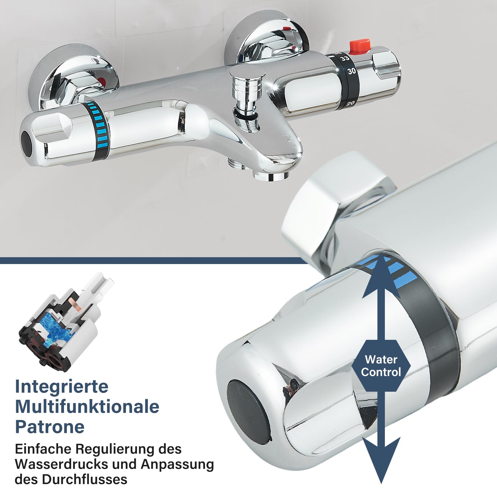 Badewannenarmatur Badewanne Thermostat Wasserhahn Wandmontage für Badezimmer Wannenarmatur Waschbecken Armatur Badarmatur Chrom