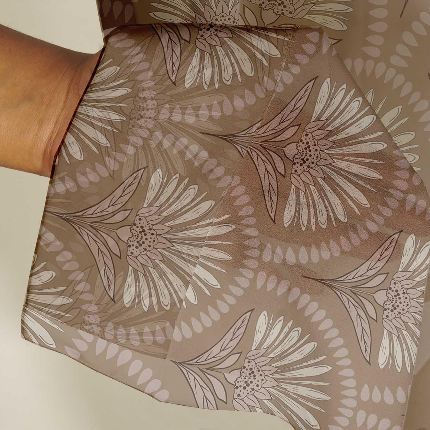 Brown Geometric Design Sheer Curtains for Short Windows - Set of 2 Panels, 63", Grommet Top, Printed Georgette, Light Filtering Drapes for Kitchen or Bedroom