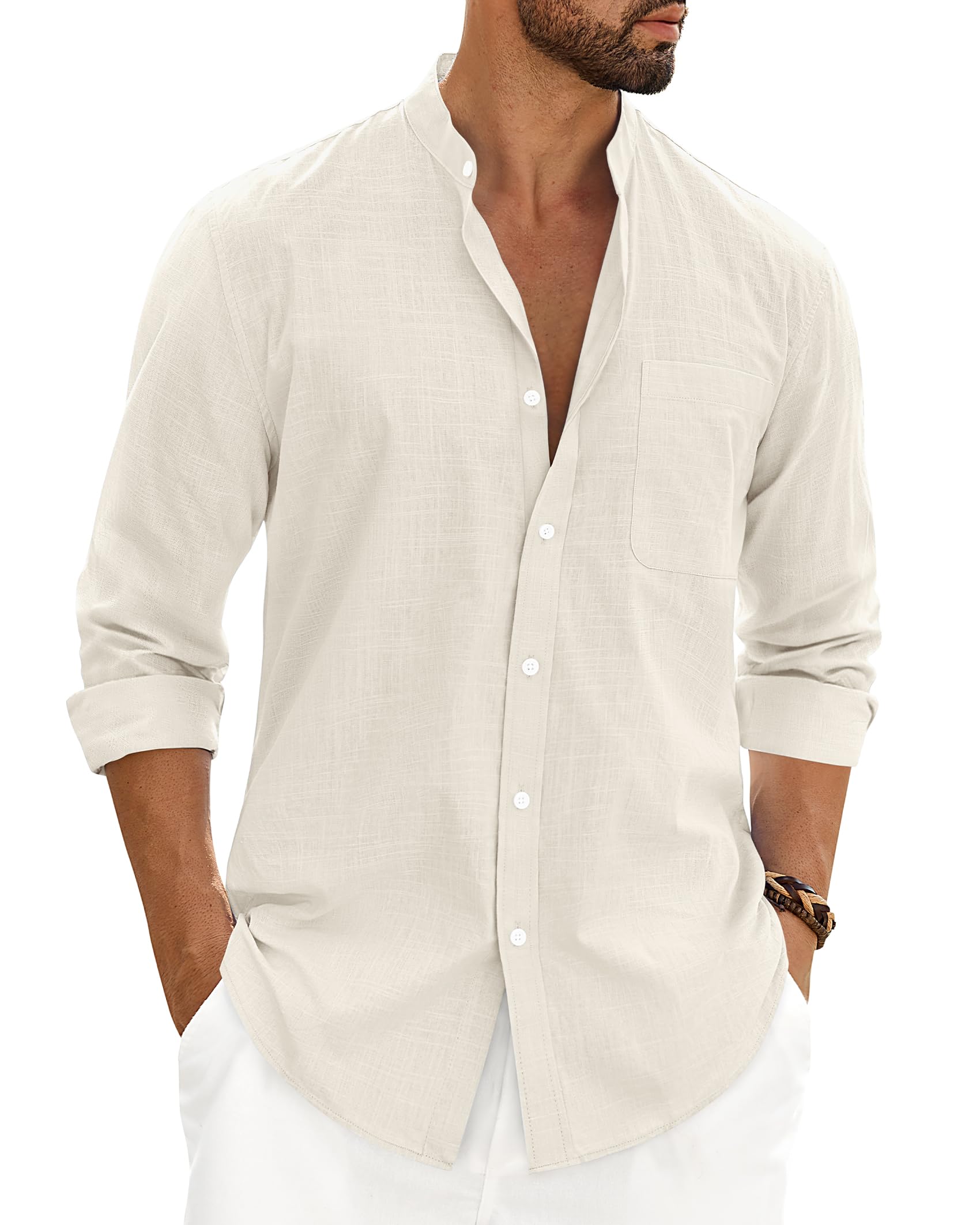 Men's Cotton Linen Shirts Long Sleeve Button Down Shirt Band Collar Beach Shirts