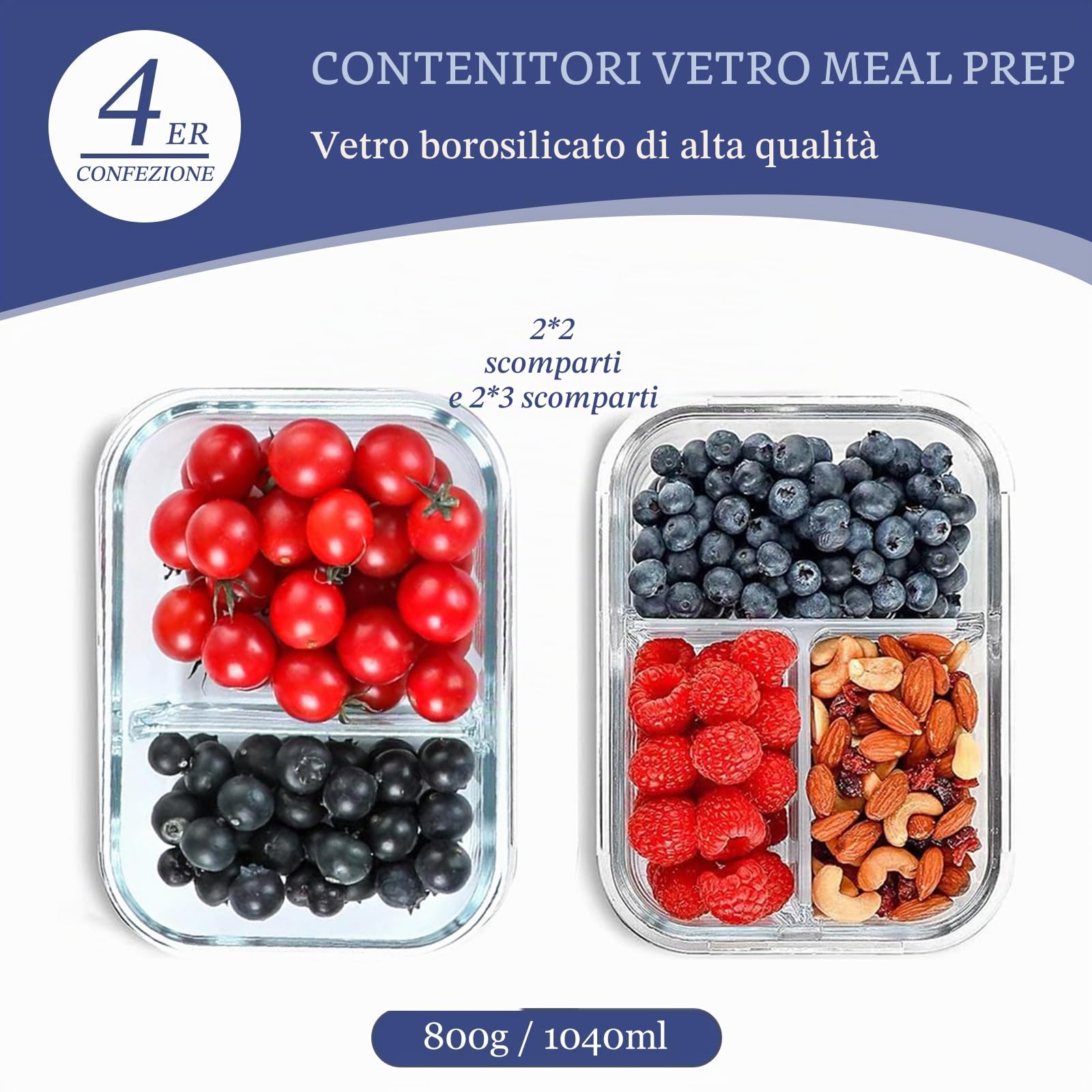 Contenitore in vetro con coperchio Meal Prep, 2 & 3 scomparti (4 pezzi, 1040 ml) con coperchio, controllo delle porzioni, ermetico, sicuro per forno e congelatore