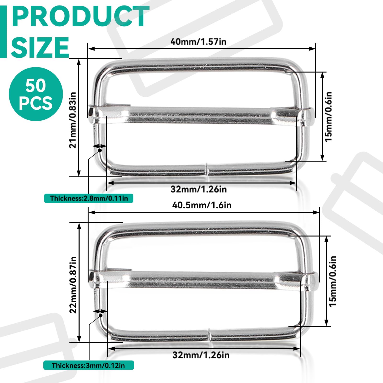 50 Pezzi Fibbia Scorrevole Regolabile in Metallo 2,8/3 mm Cinturini con Fibbia Rettangolare Cinturini Hardware Sostituire Fibbie di Ferro per Abbigliamento Borsa Fai da Te(3x32x15mm)