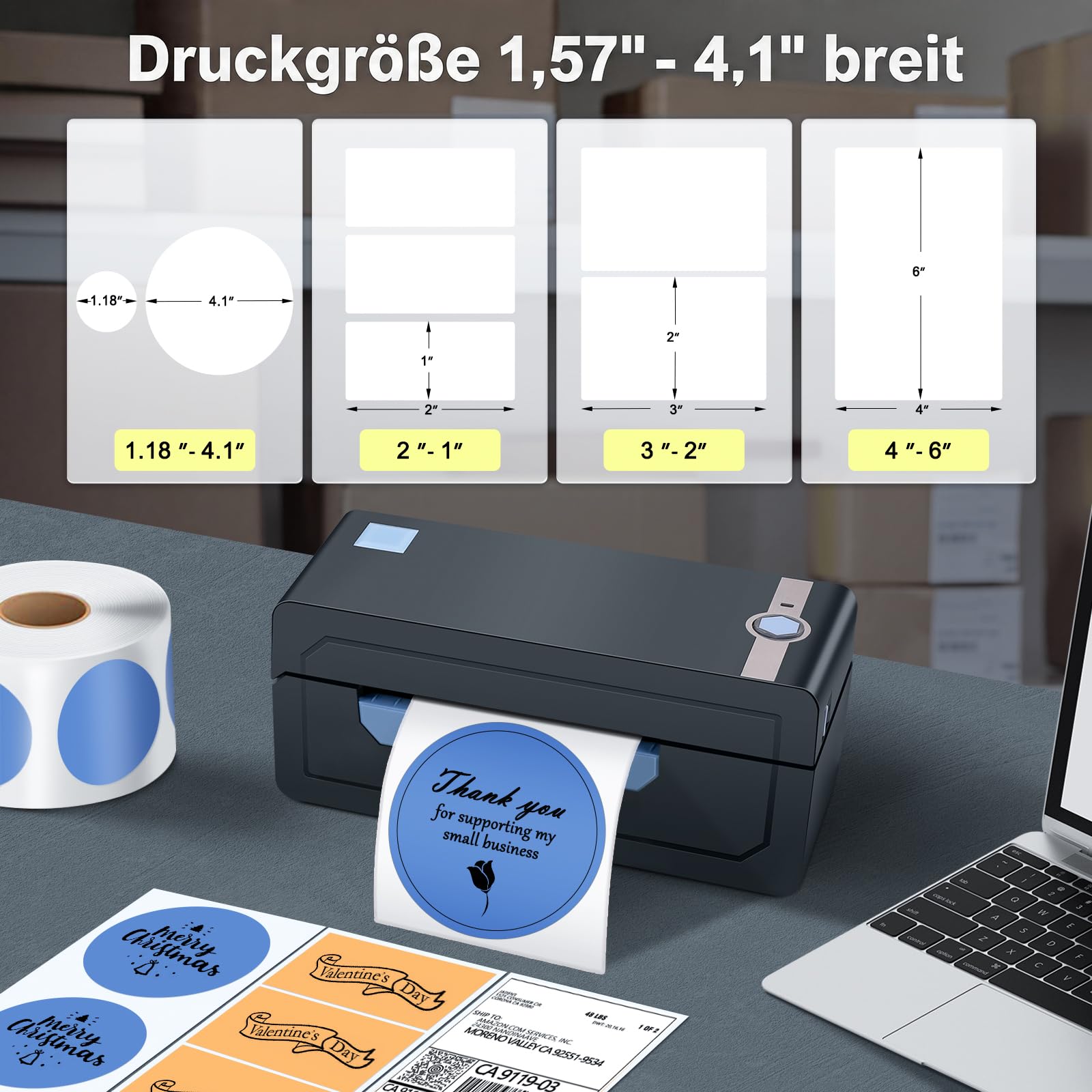 JADENS Bluetooth Thermodrucker für Versandetiketten, 10x15 cm (4x6 Zoll) | Kabelloser Etikettendrucker, kompatibel mit Android, iPhone, Windows & Mac – Ideal für DHL, Hermes, DPD