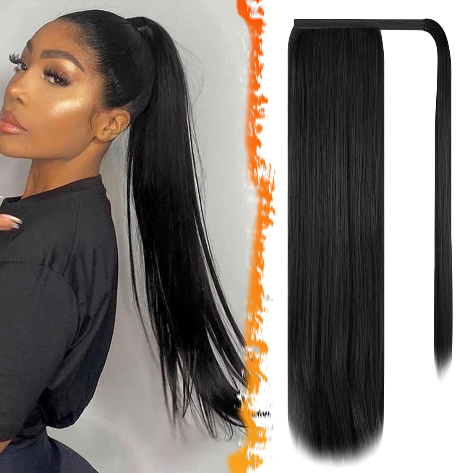 BARSDAR Black Straight Wrap Ponytail Extension - 26 Inch Long Straight Wrap Around Ponytail for Women, Clip in Ponytails Hair Extensions Synthetic