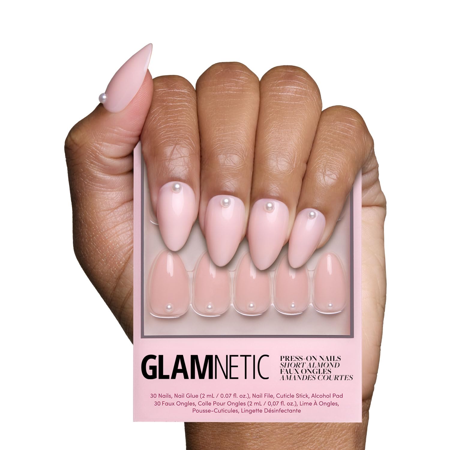 Glamnetic Press On Nails - Wifey | Short Almond Fake Nails, Nude with 3D Nail Art and Glossy Finish, Salon Quality | 15 Sizes - 30 Nail Kit with Glue