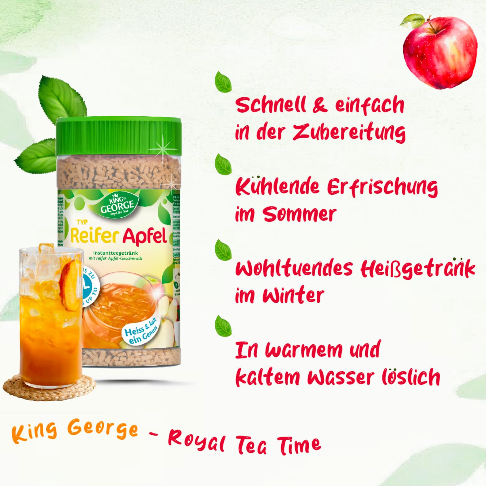 KING GEORGE Bebida instantánea de té de manzana madura, 12 x 400 g, bebida instantánea con sabor a manzana, caliente y fría, un placer, paquete de almacenamiento de té de migas, bebida para verano