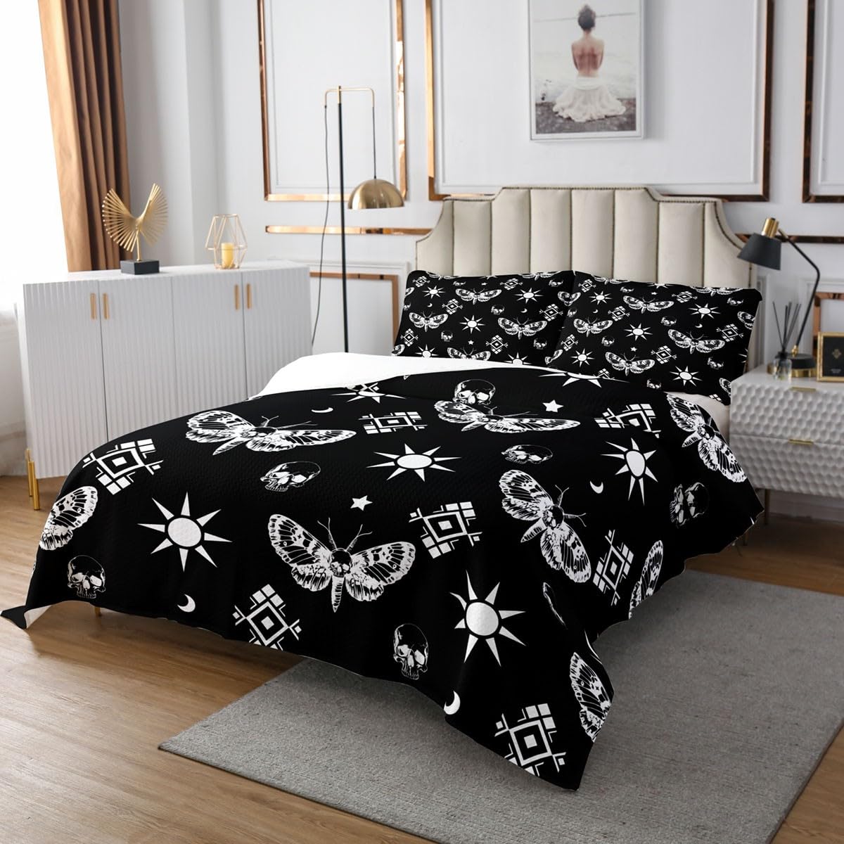 Dead Moth Skull Kids Bedspread Twin Size,Skeleton Sun Moon Star Bohemia Coverlet Set,Girls Boys Room Decor,Geometric Aztec Tribal Ethnic Quilted Coverlet,Black Retro Bedding Quilt,1 Pillowcase