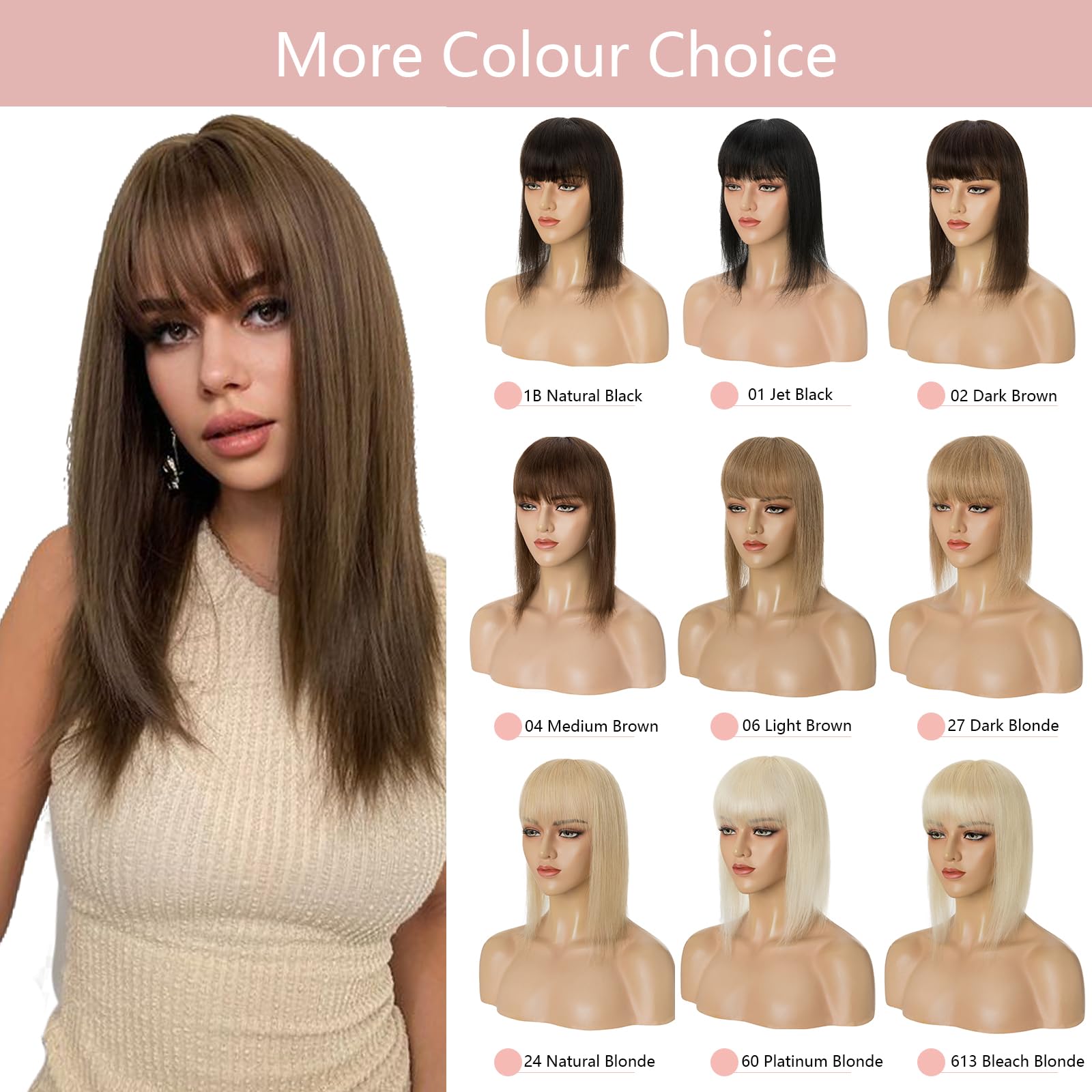 Silk-co Topper Extensions Haarteile Echthaar Clip in Extensions Echthaar Weich Natürlich Glatt Toupet Haarverlängerung mit Pony(11cm lang) 7A Remy Haare 50cm-49g 02# Dunkelbraun