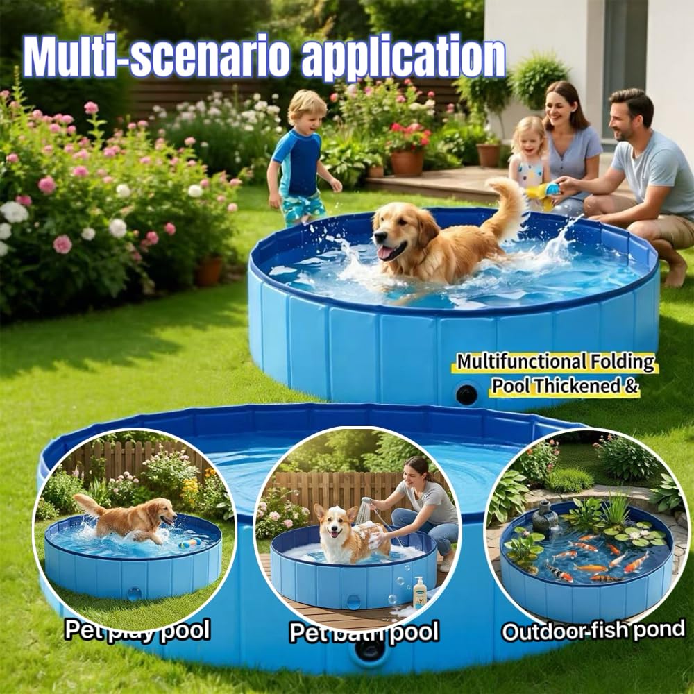 Hundepool 120x30cm, Hundepool Faltbar, Hundeplanschbecken, aus kratzfestem PVC-Material,Anti-Rutsch-Belag & schnelle,Entleerung, Keine Pumpe benötigt, mit Badebürste Ablassventil PVC-Aufnäher x 4