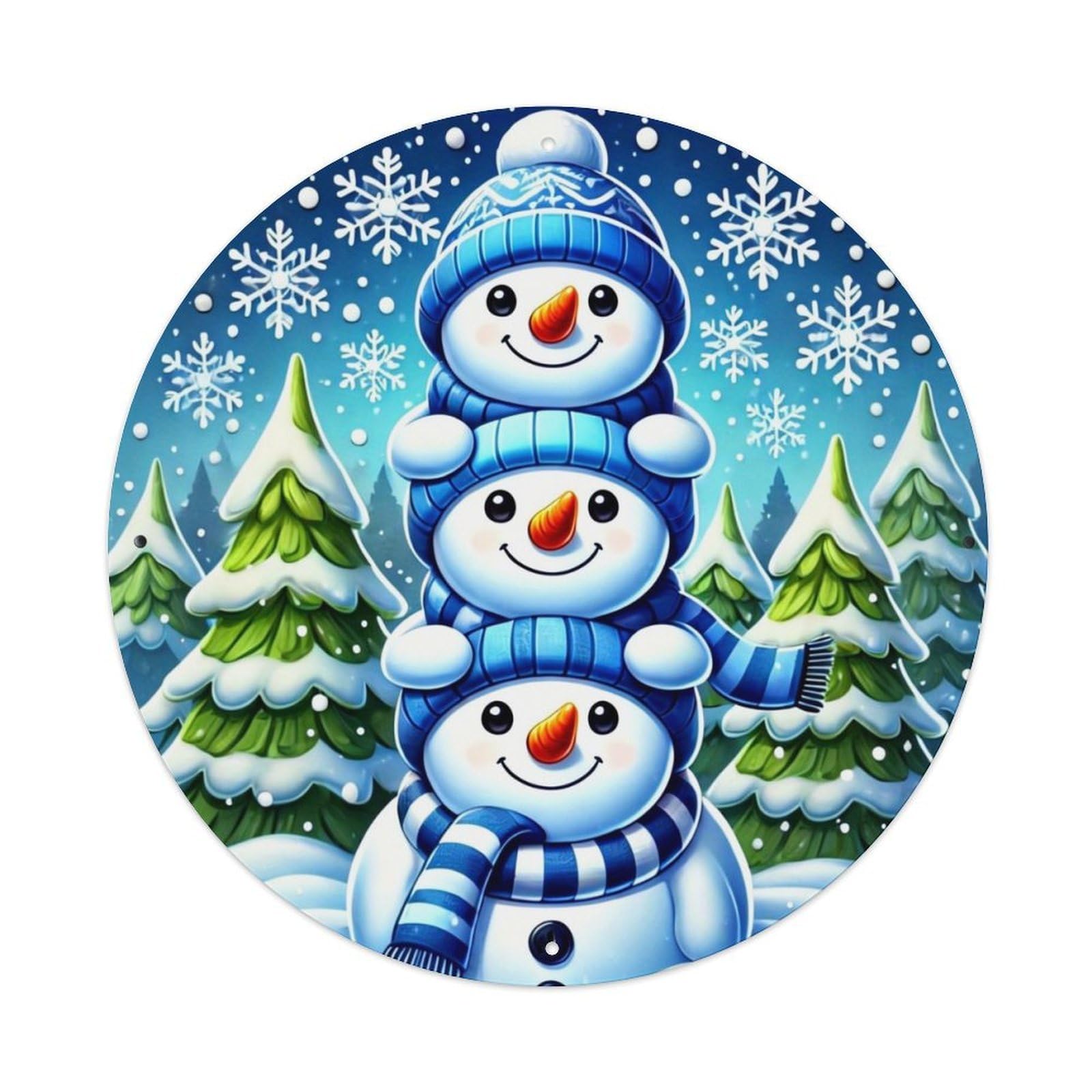Snowman Stack Winter Scene Pattern Round Metal Tin Sign Vintage Wall Decor, Bar Garage Cafe Kitchen Home Wall Art Poster 8x8inches