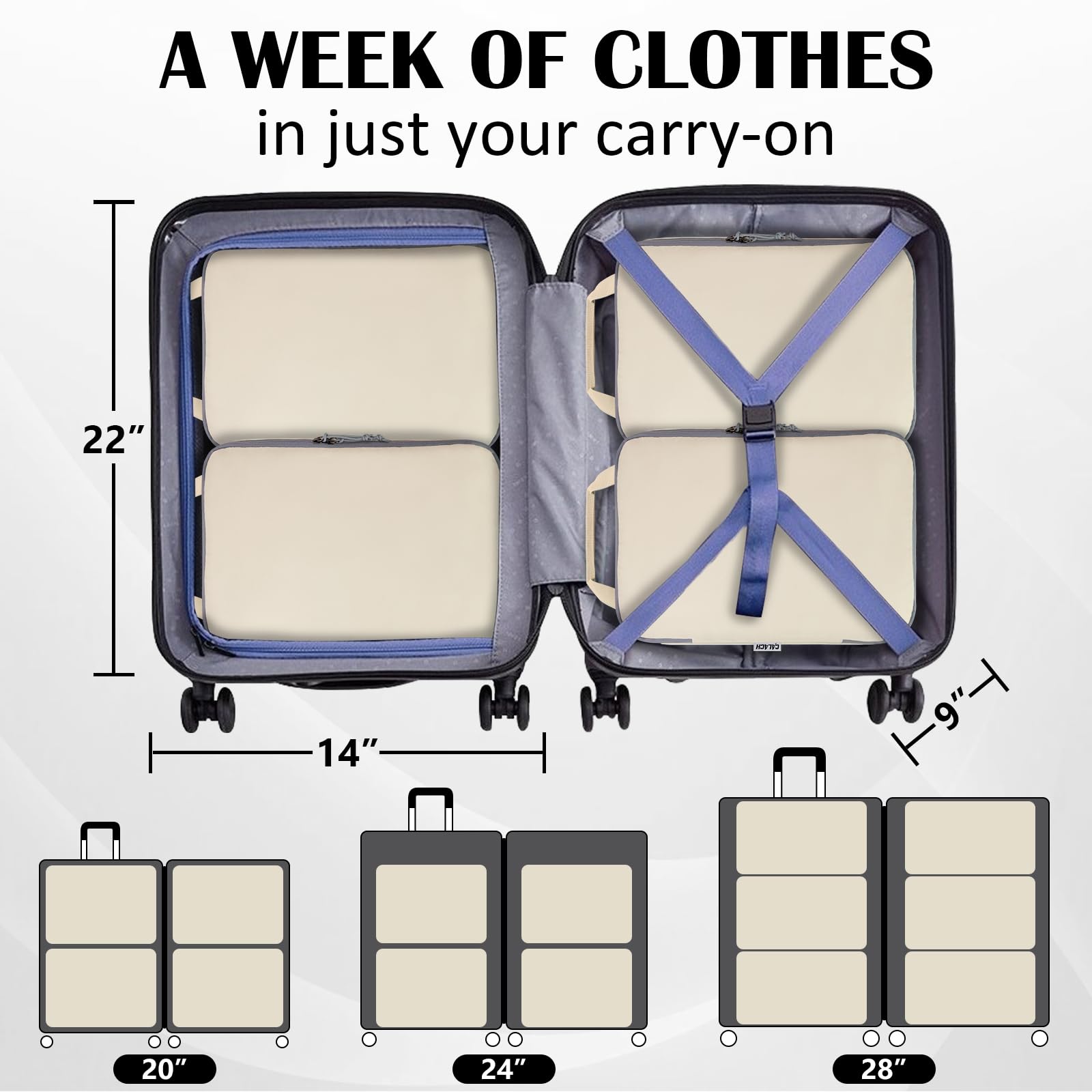 Juego de 2 cubos de compresión extra grandes para viajes, juego de 2 bolsas de compresión, cubos de viaje para maleta, organizador de maleta, accesorios de viaje, bolsas organizadoras de equipaje,