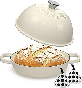 Enameled Round Cast Iron Bread Oven, 6 Qt Cast Iron Dutch Oven for Homemade Sourdough Bread Baking, Bread Pot with Dome Lid & Cotton Potholders (Cream White)