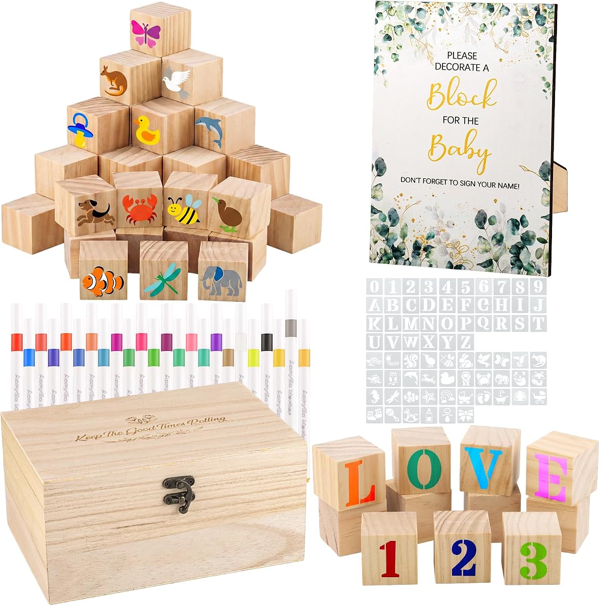 150Pcs Baby Shower Games Kit, 52 Blank Wooden Baby Shower Blocks 24 Acrylic Paint Marker 1 Wooden Sign 1 Storage Box and 72 Templates for Baby Shower Decorations