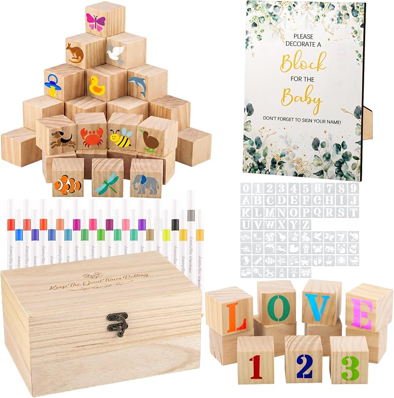 150Pcs Baby Shower Games Kit, 52 Blank Wooden Baby Shower Blocks 24 Acrylic Paint Marker 1 Wooden Sign 1 Storage Box and 72 Templates for Baby Shower Decorations