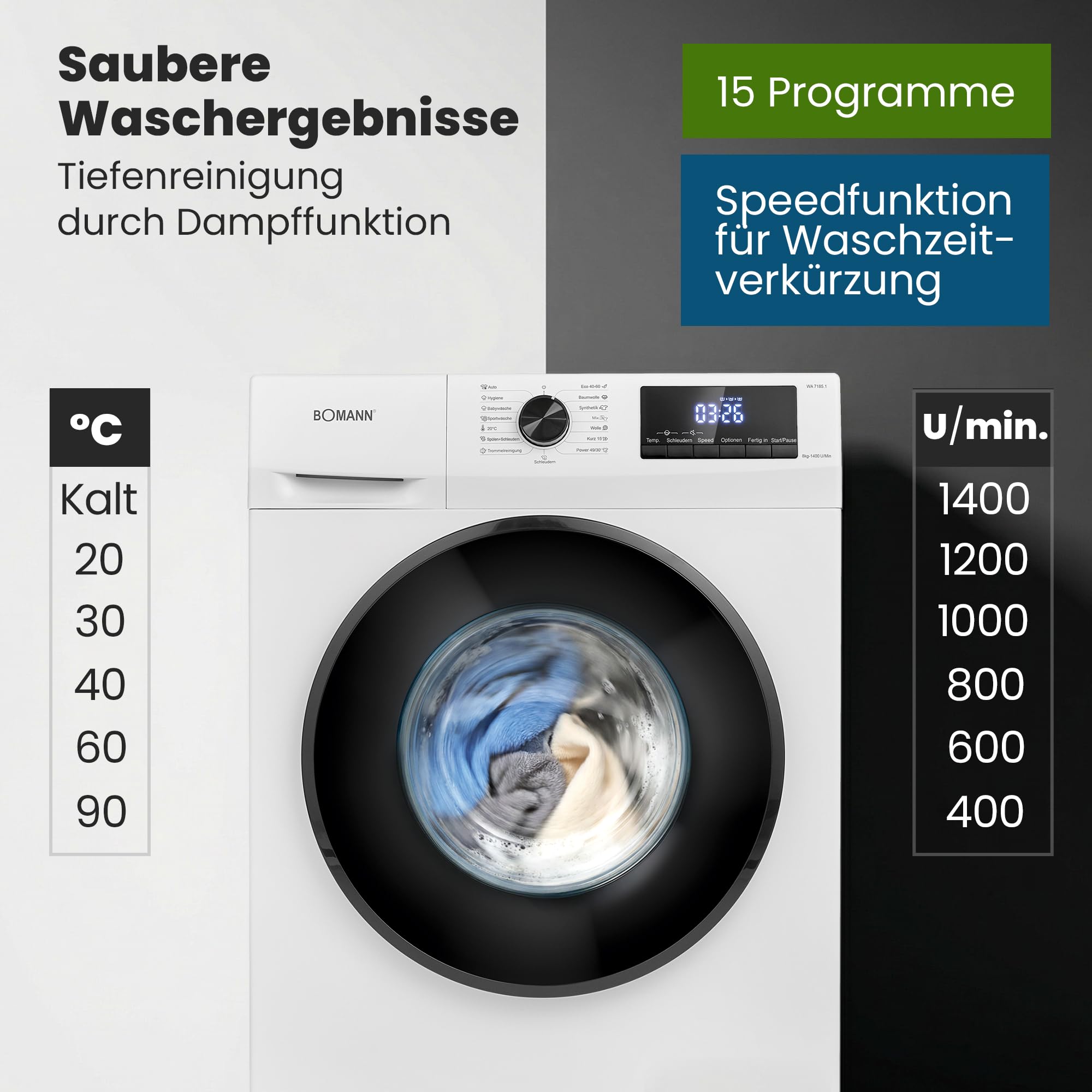 Bomann Waschmaschine 8kg 1400 U/min Invertermotor 15 Waschprogramme LED-Display Dampffunktion WA 7185.1