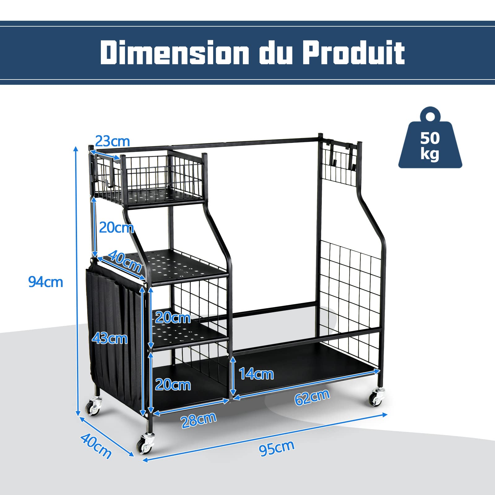 COSTWAY Support de Rangement pour Sac de Golf avec Roues Universelles Verrouillables, Organisateur de Stockage en Métal pour Accessoires Golf avec Étagère et 4 Crochets