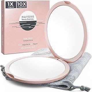Magnifying Compact Mirror for Purses, 1x/10x Magnification – Double Sided Travel Makeup Mirror, 4 Inch Small Pocket or Purse Mirror. Distortion Free Folding Portable Compact Mirrors (Millennial Pink)