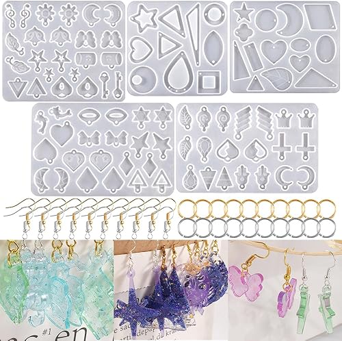 5 moldes de resina para aretes, 20 ganchos para aretes, 20 anillos de aretes, patrón mixto, estrella, luna, corazón, resina, molde de resina de
