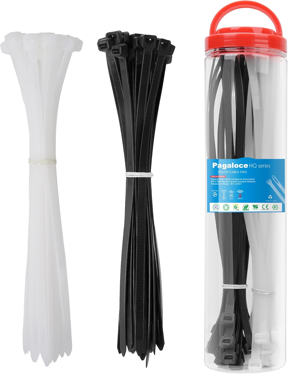 50 Pack Zip Cable Ties (Black and White, Each 25pcs), 14 Inch Self-Locking Nylon Zip Ties, Cable Cord Management, Plastic Wire Ties, Size: 7.2mm*380mm, UV Resistant, UL Listed, for Indoor and Outdoor