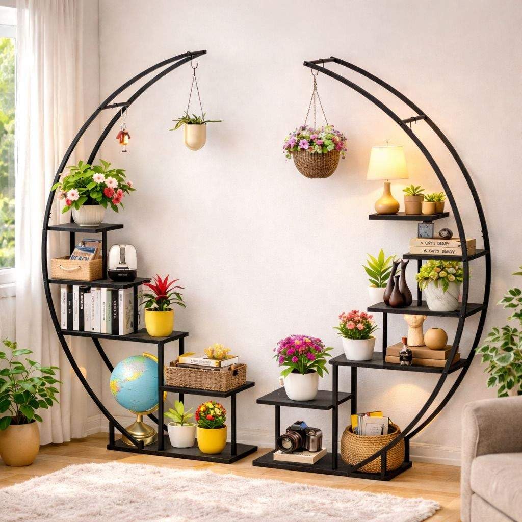 DanDiBo Blumenregal Indoor 170 cm Hoch Metall Schwarz Rund 96586 Blumentreppe Groß Halbrund Pflanzenständer Modern Design