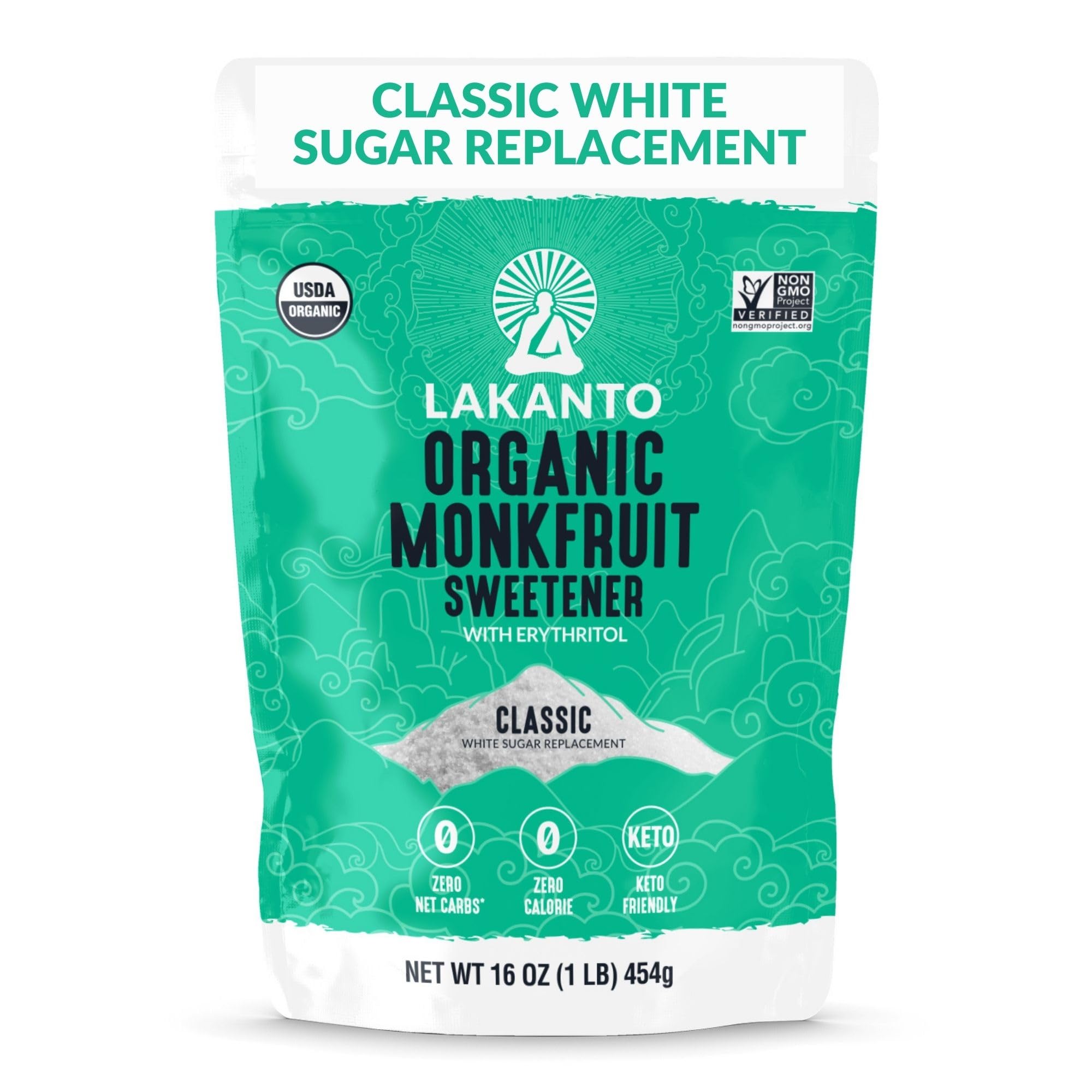 LakantoOrganic Classic Monk Fruit Sweetener with Erythritol - White Sugar Substitute, Zero Calorie, Keto Diet Friendly, Zero Net Carbs, Baking, Sugar Replacement (Organic Classic White - 1 lb)