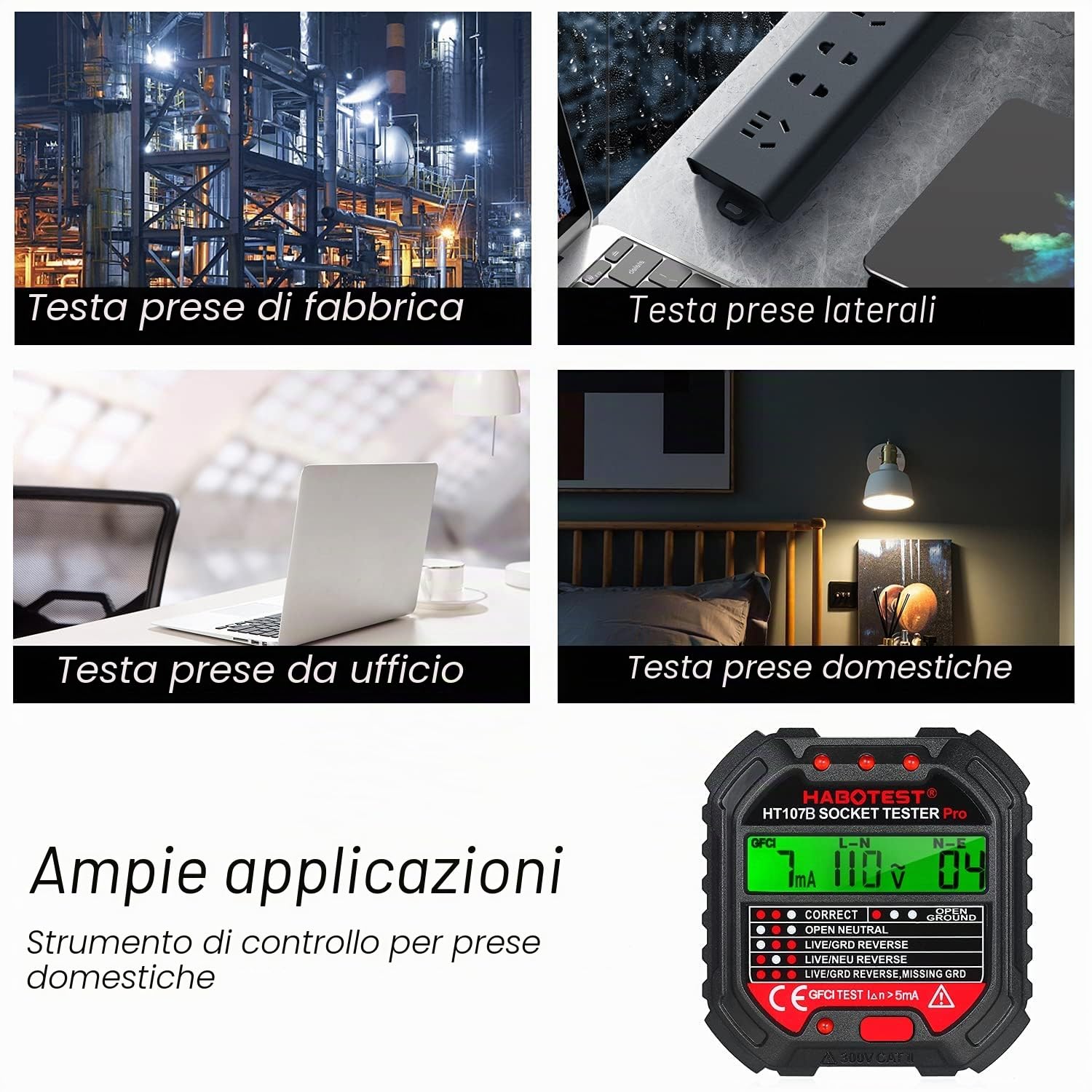 Tester per Circuiti Elettrici con Test RCD e Display LCD,6 Tipi di Diagnosi di Errore,Tester Prese Elettriche,Rilevatore di Tensione,Tester de Prese,Rilevatore Cavi Elettrici,CAT II 300V