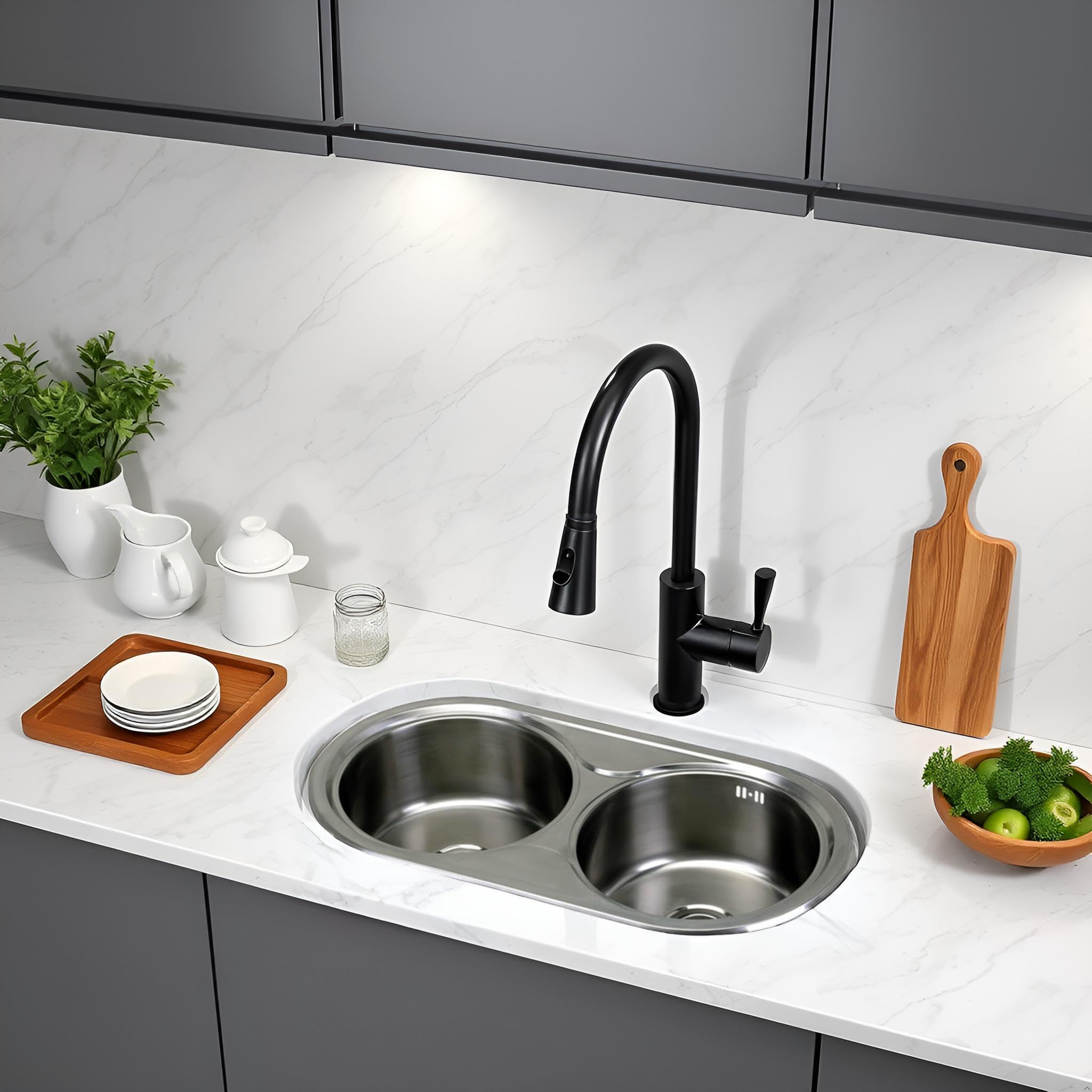 Cata | Fregadero de cocina | Modelo R 2 AG | 2 cubetas redondas | Mueble de 90 cm | Profundidad de 18 cm | Incluye accesorios