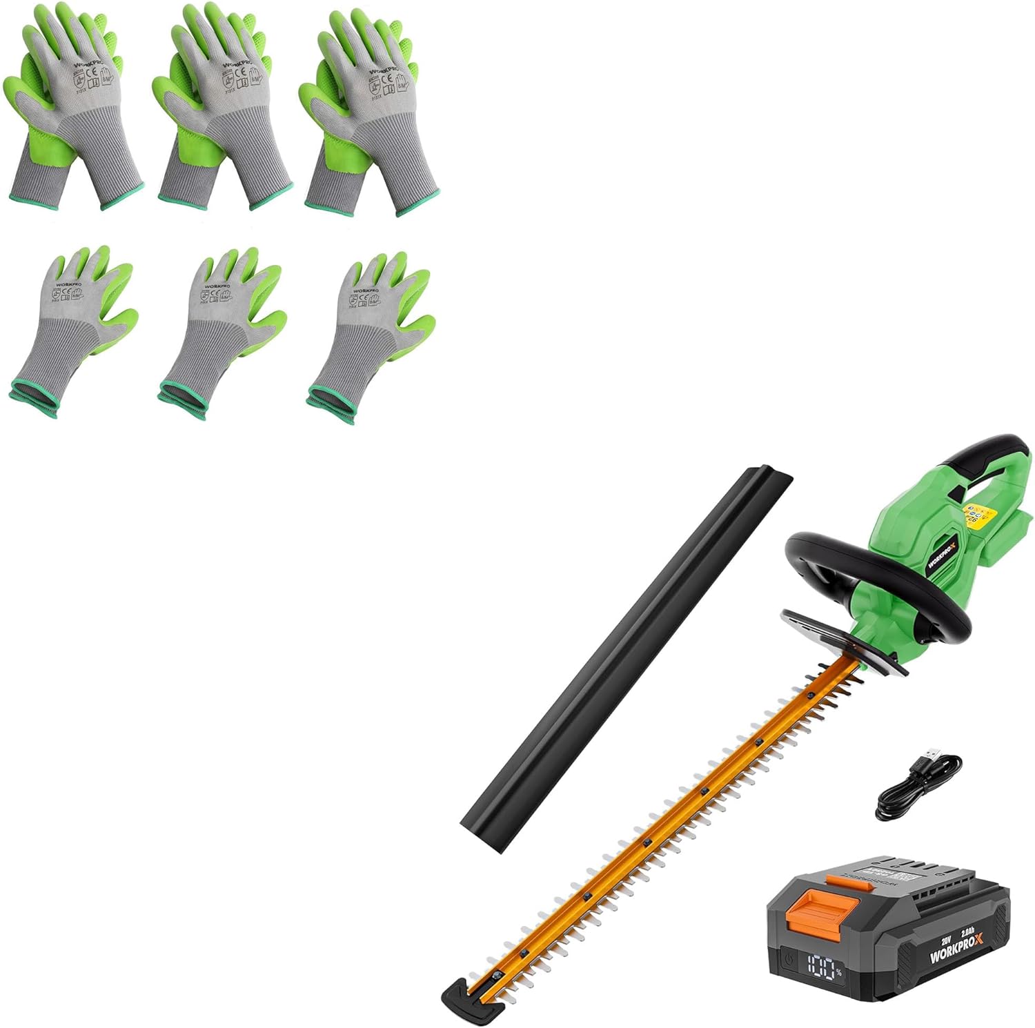 WORKPRO 6 Pairs Garden Gloves & WORKPROX 20V Cordless Hedge Trimmer