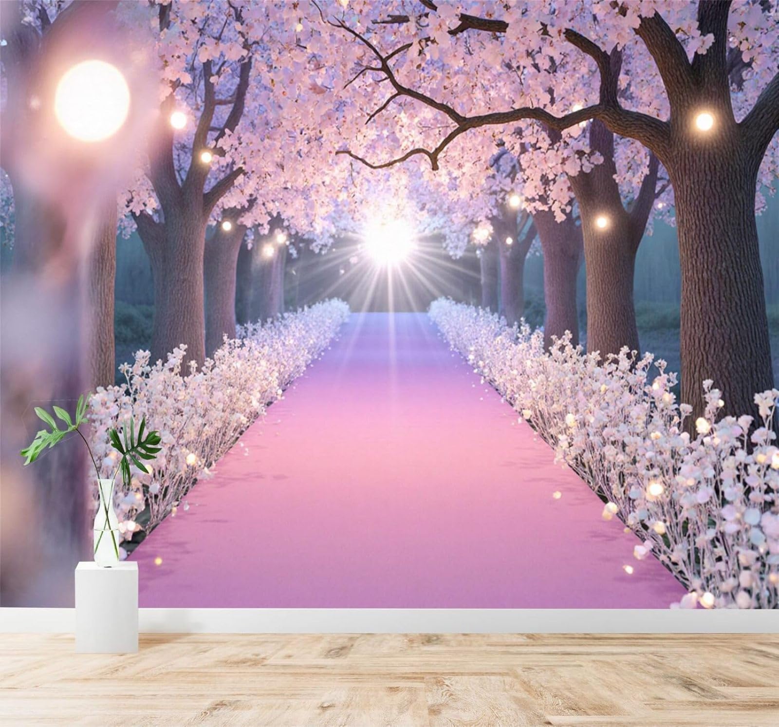 XLMING Beautiful Cherry Blossom Tunnel Lights Pink Carpet Sense of Space 3D Wallpaper Silky Texture Home Study Office Grey Dining Room Sofa Bedroom Living Room TV Backdrop-250cm×170cm