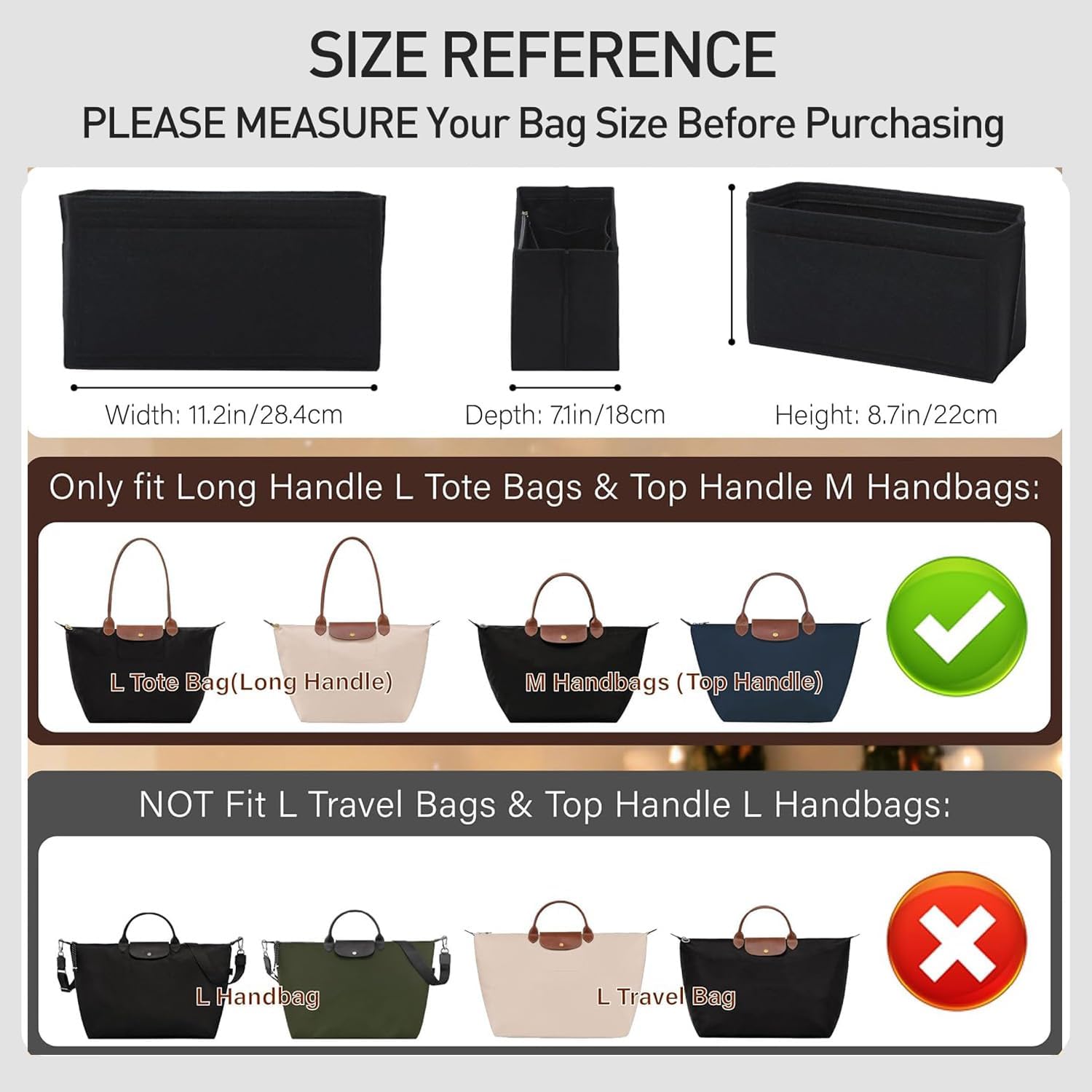 Felt Longchamp Bag Organizer Insert Compatible with Long Champ Le Pliage L Tote Bag & M Handbags, Zipper Purse Organizer Insert with Cup Holder, 8 Compartments, Custom Divider (Black,L)