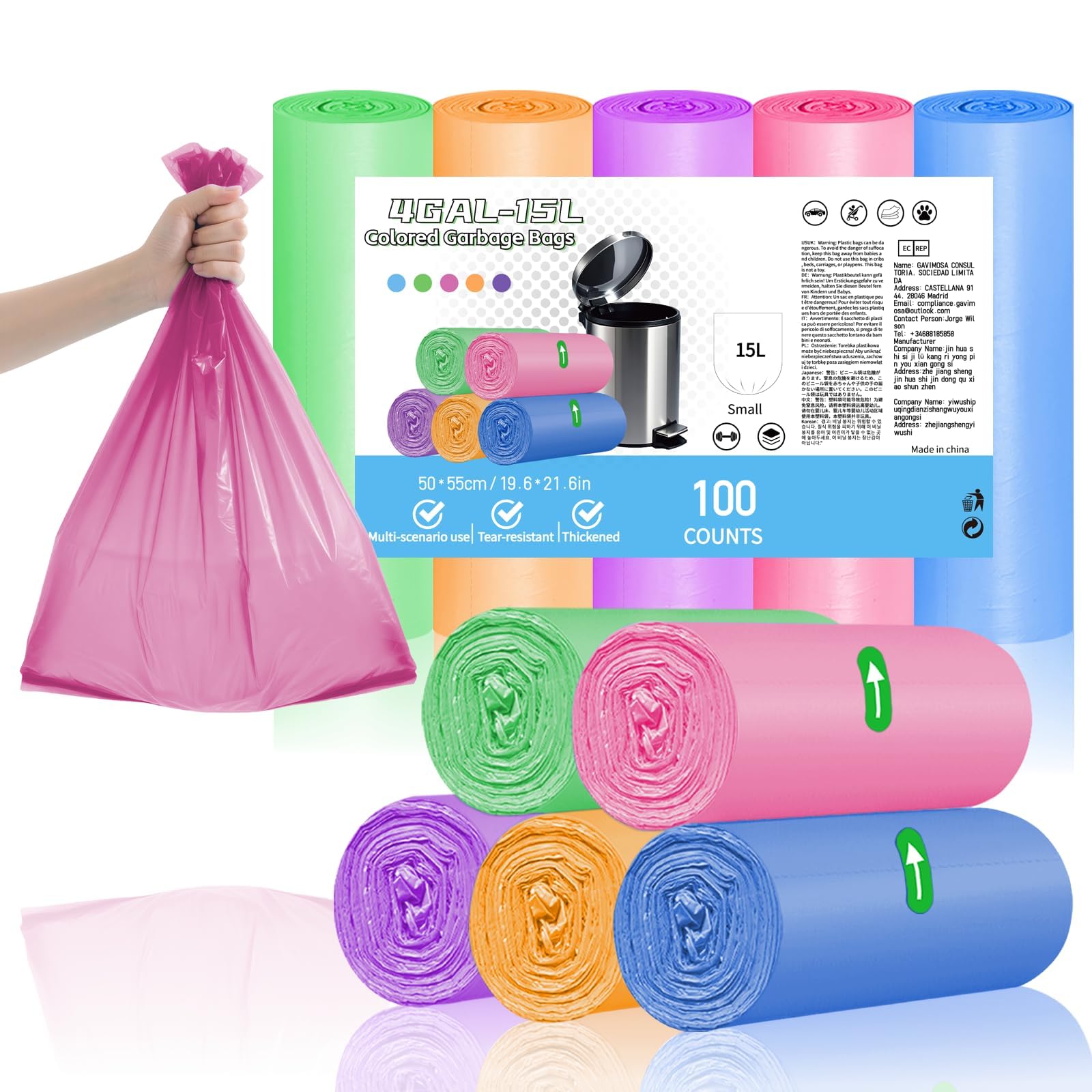 XUXRUS Sacchi Immondizia 15L Sacchetti Sacchetti Umido Colorato Resistenti e Durevoli, Anti-Strappo e Anti-Perdite, 100 Pezzi Sacchetti Spazzatura Piccoli per Bagno, Cucina, Ufficio, Facili da Usare