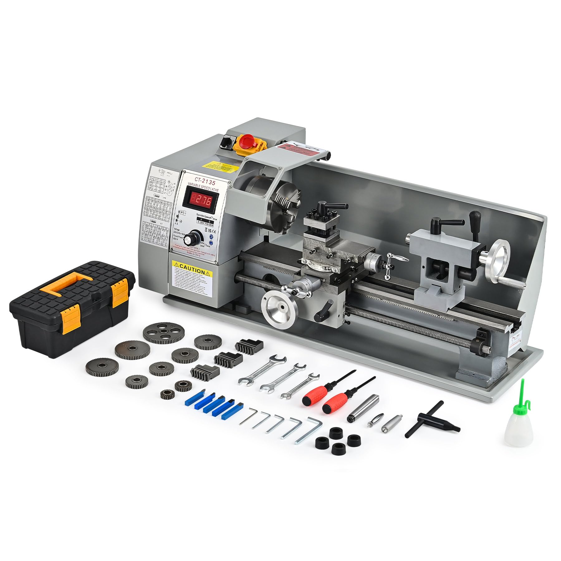 CREWORKS 600 W Mini Torno de Metal, 210x350 mm Torno para Metal de Sobremesa con Pantalla Digital, Máquina de Torno de Metal con Máx. Velocidad 2250 RPM, Torno para Metal para Roscar, Tornear
