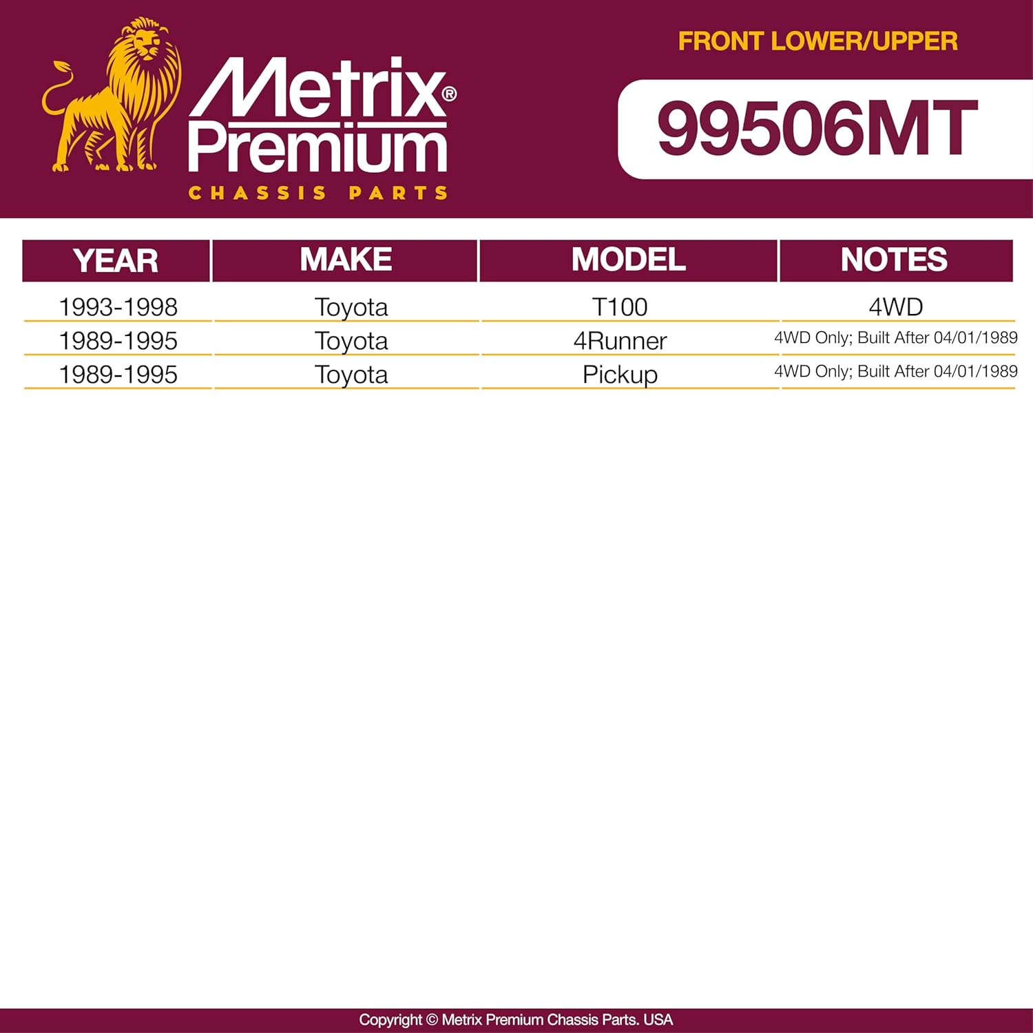 Metrix Premium Chassis Parts - 4 PC Front Lower & Upper Ball Joint Kit Fits 1993-1998 Toyota T100 4WD, 1989-1995 Toyota 4Runner, 1989-1995 Toyota Pickup 4WD, Replacement K9482, K9519, Made in Europe