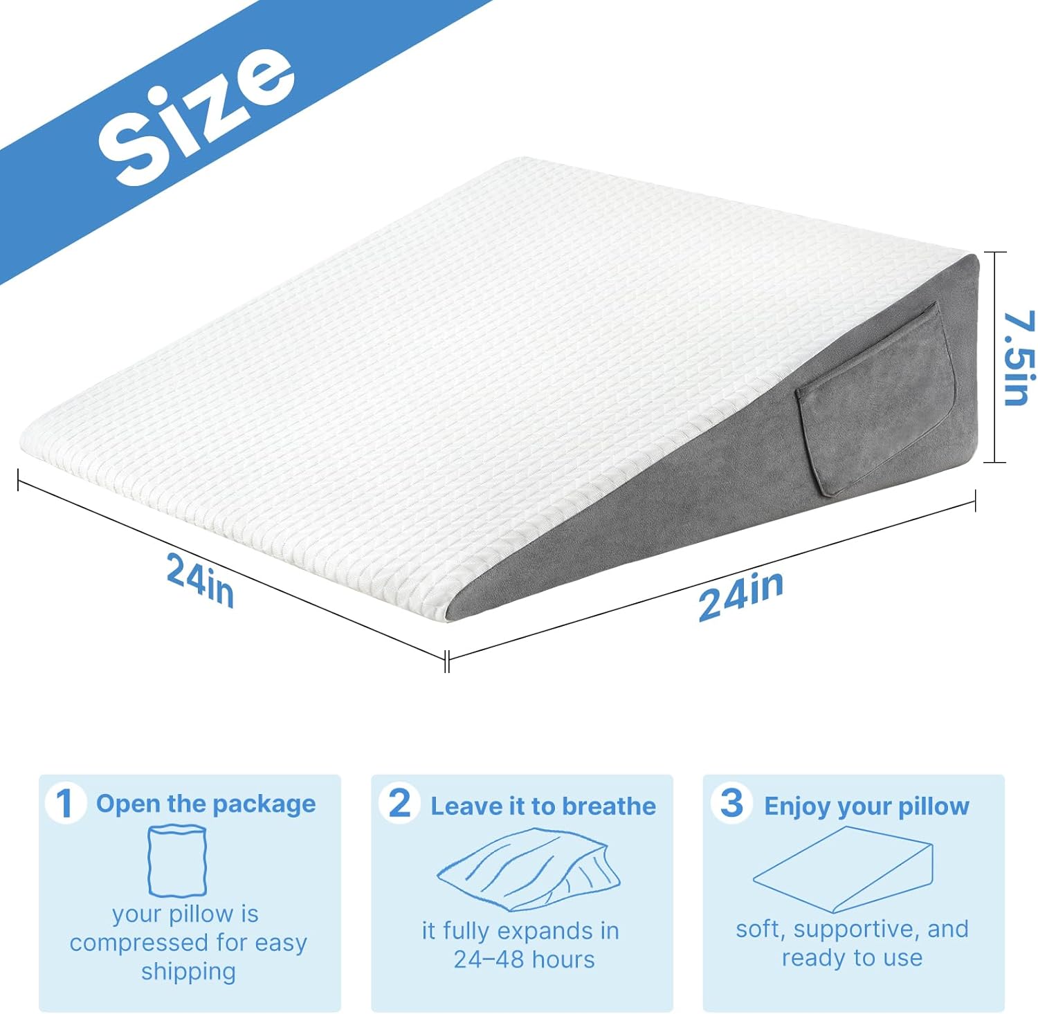 Vekkia 24" x 24" x 7.5" Bed Wedge Pillow for Sleeping – Triangle Pillow for Sleep Apnea, Acid Reflux, Snoring & Back Support, Washable Cover